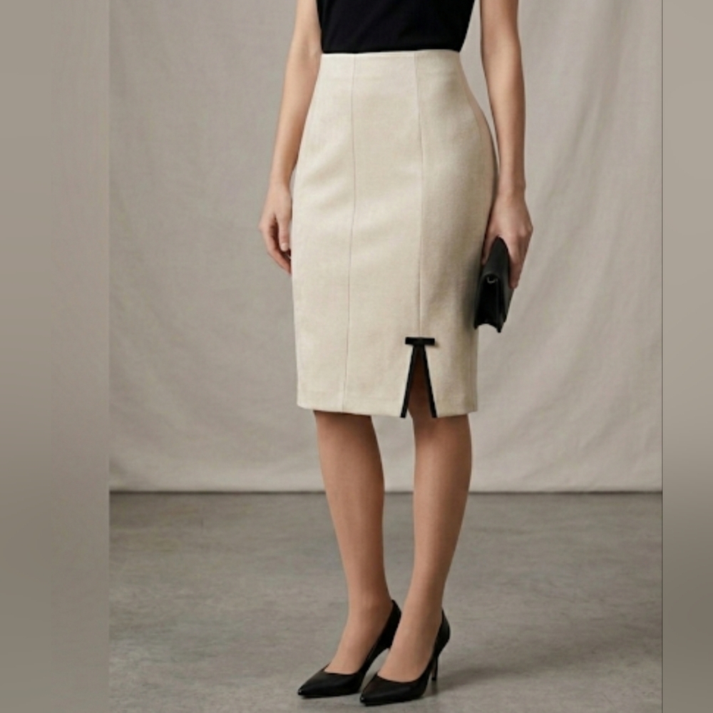 Cream Pencil Skirt with small slit and side ribbon (size 10)